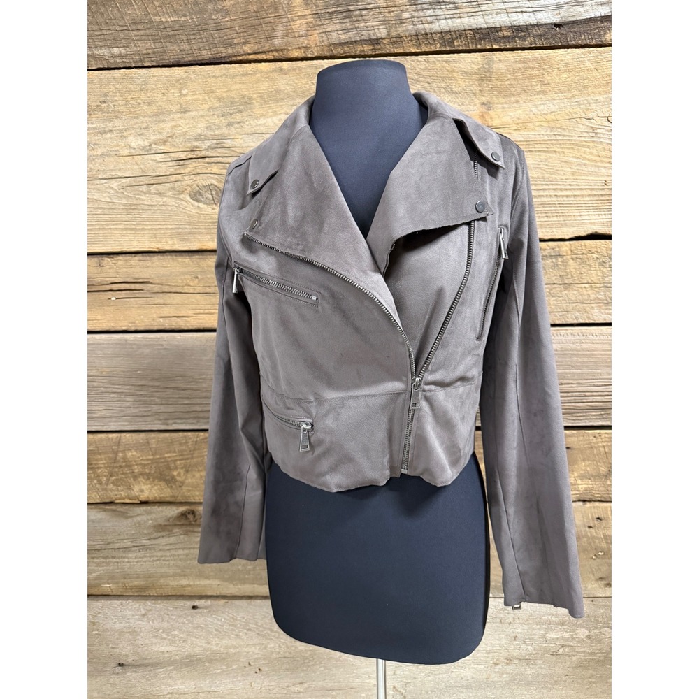 Hutch Womens Faux Suede Moto Jacket Gray Cropped Biker Full Zip XS 5203